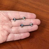 14G 19mm Aurora CZ Gem Black Fleur de Lis Butterfly Barbell Nipple Ring Set