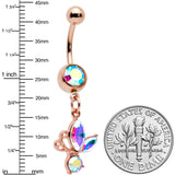 Aurora Gem Rose Gold Tone Fleur de Lis Butterfly Dangle Belly Ring