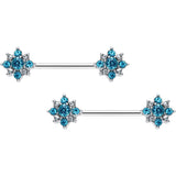 14G 9/16 Clear Blue Gem Opulent Flower Barbell Nipple Ring Set