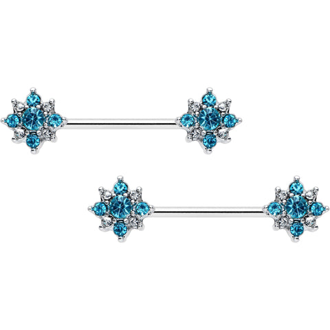 14G 9/16 Clear Blue Gem Opulent Flower Barbell Nipple Ring Set