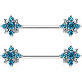 14G 9/16 Clear Blue Gem Opulent Flower Barbell Nipple Ring Set