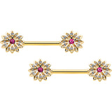 14G 9/16 Clear Pink Gem Gold Tone Starry Flower Nipple Ring Set