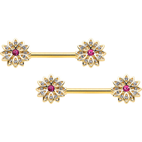 14G 9/16 Clear Pink Gem Gold Tone Starry Flower Nipple Ring Set