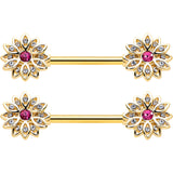 14G 9/16 Clear Pink Gem Gold Tone Starry Flower Nipple Ring Set