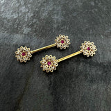 14G 9/16 Clear Pink Gem Gold Tone Starry Flower Nipple Ring Set