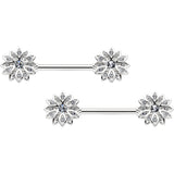 14G 9/16 Clear Gem Rococo Starry Flower Barbell Nipple Ring Set