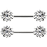 14G 9/16 Clear Gem Rococo Starry Flower Barbell Nipple Ring Set