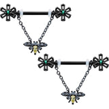 14G 9/16 Yellow Gem Black Butterfly Chain Dangle Nipple Ring Set