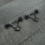 14G 9/16 Yellow Gem Black Butterfly Chain Dangle Nipple Ring Set