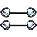14 G 9/16 Aurora Gem Black Rococo Heart Barbell Nipple Ring Set