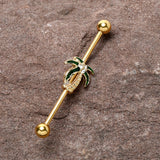 14G Clear Gem Gold Tone Palm Tree Style Industrial Barbell 38mm