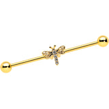 14G Clear Gem Gold Tone Flying Dragonfly Industrial Barbell 38mm