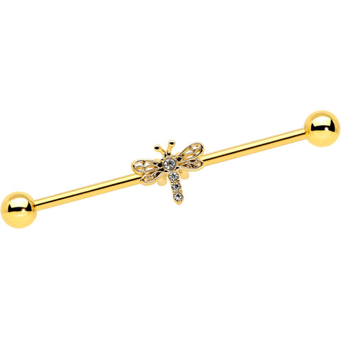 14G Clear Gem Gold Tone Flying Dragonfly Industrial Barbell 38mm