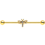 14G Clear Gem Gold Tone Flying Dragonfly Industrial Barbell 38mm