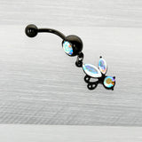 Aurora Gem Black Fleur de Lis Butterfly Dangle Belly Ring