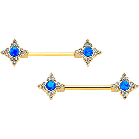 14G 9/16 Blue Synthetic Opal Gold Tone Rhombus Nipple Ring Set