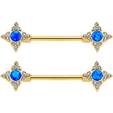 14G 9/16 Blue Synthetic Opal Gold Tone Rhombus Nipple Ring Set