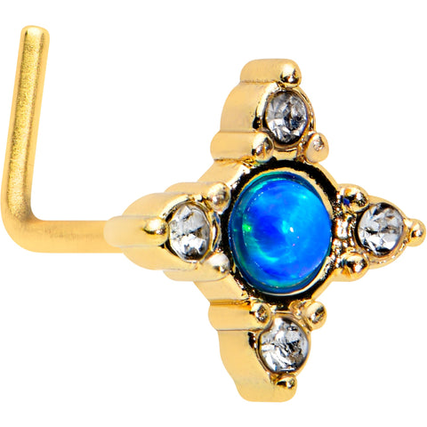 20G 1/4 Blue Synthetic Opal Gold Hue Rhombus L Shape Nose Ring