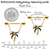 14G 9/16 Clear Gem Gold Hue Palm Tree Style Dangle Nipple Ring Set
