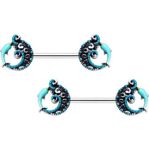 14G 9/16 Leaping Blue Dolphin Barbell Nipple Ring Set