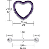 14G 5/8 Purple Heart Glow in the Dark Valentine Nipple Shield Set