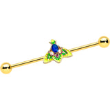 14G Blue Purple Gem Gold Tone Tropic Fan Industrial Barbell 38mm