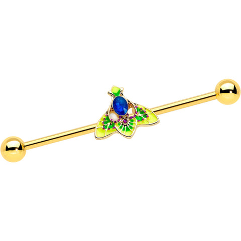 14G Blue Purple Gem Gold Tone Tropic Fan Industrial Barbell 38mm