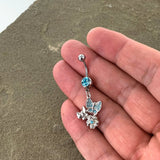 Blue Gem Butterflies Tiny Flower Dangle Belly Ring