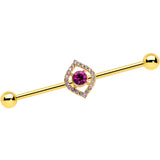 14G Clear Pink Gem Gold Tone Open Eye Industrial Barbell 38mm