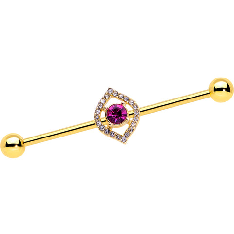 14G Clear Pink Gem Gold Tone Open Eye Industrial Barbell 38mm