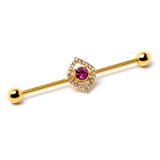 14G Clear Pink Gem Gold Tone Open Eye Industrial Barbell 38mm