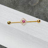 14G Clear Pink Gem Gold Tone Open Eye Industrial Barbell 38mm
