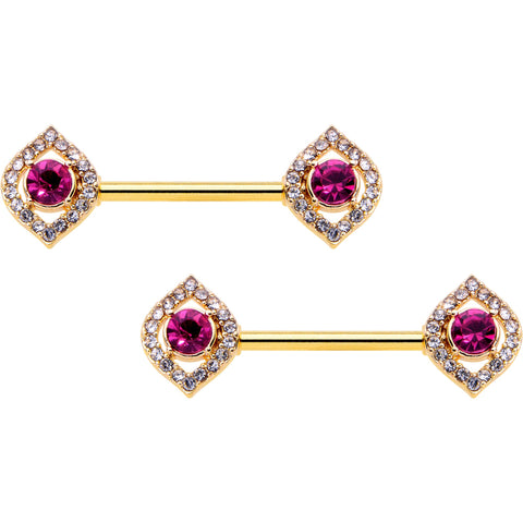 14G 9/16 Clear Pink Gem Gold Tone Open Eye Barbell Nipple Ring Set