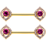 14G 9/16 Clear Pink Gem Gold Tone Open Eye Barbell Nipple Ring Set
