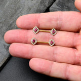 14G 9/16 Clear Pink Gem Gold Tone Open Eye Barbell Nipple Ring Set