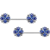 14G 9/16 Clear Blue Gem Embellished Cross Barbell Nipple Ring Set