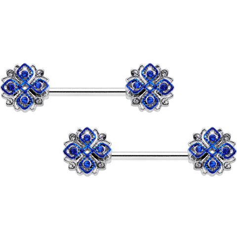 14G 9/16 Clear Blue Gem Embellished Cross Barbell Nipple Ring Set