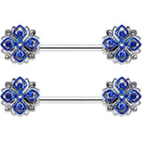 14G 9/16 Clear Blue Gem Embellished Cross Barbell Nipple Ring Set