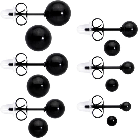 3mm-8mm Ball Stud Black 316L Stainless Steel Earrings 6 Pack