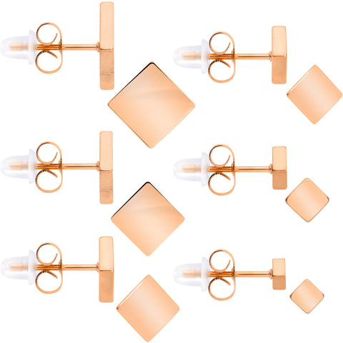 3mm-8mm Square Stud Rose Gold Tone 316L Stainless Steel Earrings 6 Pack