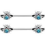 14G 9/16 Blue Gem Bee Beautiful Insect Barbell Nipple Ring Set