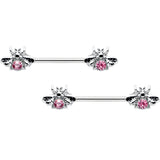 14G 9/16 Pink Gem Bee Beautiful Insect Barbell Nipple Ring Set