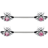 14G 9/16 Pink Gem Bee Beautiful Insect Barbell Nipple Ring Set
