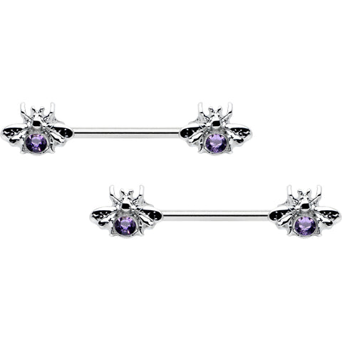 14G 9/16 Purple Gem Bee Beautiful Insect Barbell Nipple Ring Set