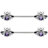 14G 9/16 Purple Gem Bee Beautiful Insect Barbell Nipple Ring Set