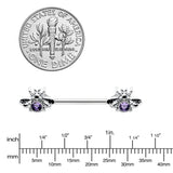 14G 9/16 Purple Gem Bee Beautiful Insect Barbell Nipple Ring Set