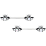14G 9/16 White Faux Opal Bee Beauty Insect Barbell Nipple Ring Set