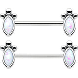 14G 9/16 White Faux Opal Deco Ovals Barbell Nipple Ring Set
