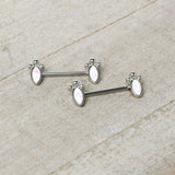 14G 9/16 White Faux Opal Deco Ovals Barbell Nipple Ring Set
