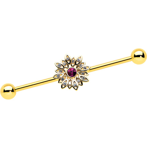 14G Clear Pink Gem Gold Tone Starry Flower Industrial Barbell 38mm